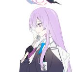  1girl absurdly_long_hair artist_request bangs black_jacket blue_archive blue_necktie from_side halo headgear jacket long_hair long_sleeves necktie purple_eyes purple_hair solo utaha_(blue_archive) very_long_hair white_background wrench 