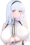  1girl absurdres anchor_symbol arm_under_breasts azur_lane bare_shoulders blue_hair breasts center_frills clothing_cutout collar covered_nipples dido_(azur_lane) eyebrows_visible_through_hair frills hageteruyo highres huge_breasts long_hair looking_at_viewer metal_collar purple_eyes shirt simple_background sleeveless sleeveless_shirt solo underboob underboob_cutout white_background white_shirt 