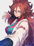  1girl android_21 black_nails blue_eyes breasts dragon_ball dragon_ball_fighterz earrings fingernails glasses hair_between_eyes hoop_earrings jewelry kemachiku labcoat long_hair looking_at_viewer medium_breasts nail_polish red_hair red_ribbon_army solo upper_body 