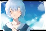  1girl ^_^ ayanami_rei bangs blue_hair closed_eyes closed_mouth collarbone eyebrows_visible_through_hair facing_viewer hair_between_eyes highres machi_futo neon_genesis_evangelion portrait sailor_collar short_hair smile solo white_sailor_collar 