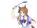  1girl animal_ears arm_up bangs blue_eyes bright_pupils brown_hair bug closed_mouth fly flyswatter grass_wonder_(umamusume) highres horse_ears horse_girl horse_tail long_hair motion_lines puffy_short_sleeves puffy_sleeves purple_shirt rituakapakopako sailor_collar school_uniform shirt short_sleeves simple_background skirt solo tail tracen_school_uniform umamusume upper_body white_background white_pupils white_skirt 