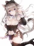  1girl absurdres animal_ears avatar_(ff14) black_legwear bow breasts brown_hair cat_ears cat_tail claw_pose cleavage closed_mouth detached_collar eyebrows_visible_through_hair facial_mark final_fantasy final_fantasy_xiv hair_between_eyes hair_bow highres long_hair looking_at_viewer miqo&#039;te purple_eyes sakura_mochiko skirt solo strapless tail thighhighs whisker_markings white_background 