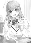  1girl :d ahoge bangs bekotarou blazer blurry blurry_background blush bow bowtie breasts chopsticks collared_shirt commentary eyebrows_visible_through_hair eyelashes feeding fingernails food greyscale hair_bow hands_up holding holding_chopsticks incoming_food indoors jacket large_breasts long_hair long_sleeves looking_at_viewer monochrome omelet open_mouth original pov pov_across_table school_uniform shiny shiny_hair shirt smile solo soup table uniform upper_body wing_collar 