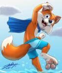  2021 anthro blue_clothing canid canine cape clothing cloud fox fur hi_res lucky_the_fox male mammal open_mouth orange_body orange_fur sagadreams signature sky solo splash super_lucky&#039;s_tale swimming_trunks swimwear underpaw water 