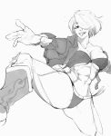  abs angel_(kof) boots bra breasts chaps cowboy_boots cropped_jacket fingerless_gloves gloves hair_over_one_eye highres jacket large_breasts leather leather_jacket makdraw25 muscular muscular_female sketch snk strapless strapless_bra the_king_of_fighters the_king_of_fighters_xiv the_king_of_fighters_xv toned underwear white_hair 