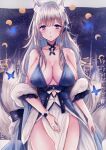  1girl 3days_lemon absurdres animal_ear_fluff animal_ears azur_lane bare_shoulders blue_butterfly blue_collar blue_dress blue_eyes breasts bug butterfly center_opening cleavage collar dress evening_gown feather_boa fox_ears fox_girl grey_hair halter_dress halterneck highres kitsune kyuubi large_breasts large_tail long_hair looking_at_viewer moon_phases multiple_tails official_alternate_costume shinano_(azur_lane) shinano_(dreams_of_the_hazy_moon)_(azur_lane) sky sleeveless sleeveless_dress solo standing star_(sky) starry_sky tail white_tail wrist_flower 