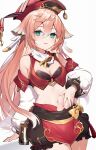  1girl arm_support banned_artist breasts character_request cleavage copyright_request detached_sleeves green_eyes hair_between_eyes hand_on_own_stomach looking_at_viewer muryotaro navel pink_hair small_breasts smile solo white_background 