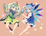  2girls :d antennae aqua_hair arms_up bangs barefoot blue_bow blue_dress blue_eyes blue_hair bow bowtie brown_background butterfly_wings caramell0501 cirno dress eternity_larva eyebrows_visible_through_hair full_body green_dress hair_bow highres ice ice_wings leaf leaf_on_head looking_at_viewer multiple_girls open_mouth own_hands_together pinafore_dress puffy_short_sleeves puffy_sleeves red_bow red_bowtie red_eyes shirt short_sleeves simple_background smile star_(symbol) touhou v-shaped_eyebrows white_shirt wings yellow_wings 