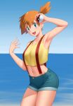  1girl absurdres armpits bangs bare_shoulders blue_eyes blue_shorts blue_sky blush breasts collarbone crop_top denim denim_shorts gonoike_biwa highres holding holding_poke_ball long_hair medium_breasts midriff misty_(pokemon) navel ocean open_mouth orange_hair poke_ball poke_ball_(basic) pokemon pokemon_(anime) pokemon_(classic_anime) short_shorts shorts side_ponytail sky smile solo suspender_shorts suspenders tank_top thighs yellow_tank_top 