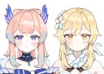  2girls bangs bare_shoulders blonde_hair blue_eyes blue_hair blunt_bangs blush bow detached_collar dress face flower genshin_impact hair_flower hair_ornament half-closed_eyes looking_at_viewer lumine_(genshin_impact) multicolored_hair multiple_girls pink_hair sangonomiya_kokomi shijimi_kozou simple_background two-tone_hair water_drop white_background yellow_eyes yuri 