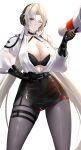  1girl absurdres azur_lane bangs belt black_belt black_bra black_choker black_gloves black_skirt blonde_hair blue_eyes bra breasts choker cleavage closed_mouth collarbone collared_shirt commentary cowboy_shot cuffs elbow_gloves eyebrows_visible_through_hair gloves grey_legwear hair_between_eyes hand_on_hip handcuffs headset high-waist_pantyhose high-waist_skirt highres holding holding_megaphone impossible_hair irkawaza kronshtadt_(azur_lane) kronshtadt_(begin_the_rush!)_(azur_lane) large_breasts leg_garter long_hair long_sleeves looking_at_viewer megaphone miniskirt mole mole_on_breast official_alternate_costume one_eye_closed open_clothes open_shirt pantyhose parted_bangs pencil_skirt shirt sidelocks simple_background skindentation skirt solo standing stomach thigh_strap underwear very_long_hair white_background white_shirt 