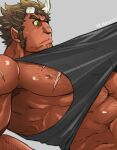  1boy abs bara broken_horn chest_hair clothes_pull colored_sclera colored_skin facial_hair forked_eyebrows gakei3 horns large_pectorals long_sideburns male_focus mature_male muscular muscular_male nipple_slip nipples oni_horns orgus_(f-kare) pectorals red_skin scar scar_on_chest scar_on_face scar_on_nose short_hair shoukan_yuusha_to_f-kei_kareshi sideburns signature solo stubble thick_eyebrows tusks yellow_sclera 