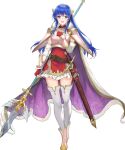  1girl ankle_boots armor bangs belt blue_eyes blue_hair boots breastplate caeda_(fire_emblem) cape dress elbow_gloves fingerless_gloves fire_emblem fire_emblem:_mystery_of_the_emblem fire_emblem_heroes full_body fur_trim gloves gold_trim hair_ornament hand_on_own_chest hand_up haru_(hiyori-kohal) highres holding long_hair looking_at_viewer non-web_source official_art open_mouth pink_footwear polearm shiny shiny_hair short_dress shoulder_armor skirt smile solo spear standing sword thighhighs transparent_background weapon white_legwear zettai_ryouiki 