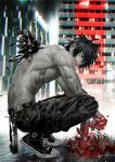  1boy belt black_nails blood blood_on_face blood_on_ground blood_on_hands blurry bone building converse cyberpunk depth_of_field feathered_wings feathers flesh glitch hair_between_eyes highres laovaan original rain signature squatting toned toned_male topless_male transformation wings 