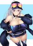  1girl absurdres alternate_costume azur_lane bangs bare_shoulders blush breasts cleavage enterprise_(azur_lane) enterprise_(wind_catcher)_(azur_lane) eyewear_on_head eyewear_on_headwear hand_on_own_chest hat highres jacket large_breasts latex looking_at_viewer miso_tanuki off_shoulder official_alternate_costume ponytail purple_eyes race_queen revealing_clothes silver_hair simple_background solo sunglasses thighhighs upper_body 