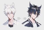  +++ ... 2boys animal_ears bangs black_hair black_jacket black_shirt brown_eyes cat_boy cat_ears cheng_xiaoshi chibi chibi_inset chinese_commentary chromatic_aberration closed_mouth commentary_request grey_eyes hair_between_eyes highres jacket leopard_ears looking_at_viewer lu_guang male_focus multiple_boys open_clothes open_jacket open_shirt portrait shiguang_dailiren shirt short_hair simple_background smile spoken_ellipsis teeth white_background white_hair white_jacket white_shirt yusa_(yusa0751) 