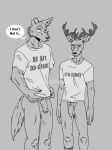  2022 anthro antlers balls beastars blush bottomless breath canid canine canis cervid claws clothed clothing dialogue duo english_text eyebrows flaccid foreskin frown fur genitals grey_background greyscale hi_res horn humanoid_genitalia humanoid_penis legoshi_(beastars) louis_(beastars) male mammal meme monochrome nails narrowed_eyes notched_ear penis prosthetic prosthetic_leg prosthetic_limb pubes scar shirt simple_background spicedpopsicle standing stated_homosexuality stated_sexuality t-shirt text text_on_clothing text_on_shirt text_on_topwear topwear tuft url wolf 