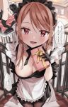  1girl arm_behind_back box breasts brown_hair chigusa_minori cleavage commentary_request gift gift_box gloves large_breasts leaning_forward maid maid_headdress mole mole_on_breast original pantyhose red_eyes short_braid translation_request 