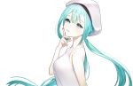  1girl beret blue_eyes blue_hair breasts floating_hair from_side funana hat hatsune_miku head_tilt highres long_hair looking_at_viewer low_twintails medium_breasts parted_lips smile solo twintails vocaloid white_background white_headwear 
