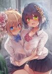  2girls ahoge asymmetrical_docking black_hair blonde_hair blue_bow blue_bowtie blue_eyes blush bow bowtie breast_press breasts closed_mouth commentary_request dated e-note eyebrows_visible_through_hair flower green_eyes hair_between_eyes hair_flower hair_ornament highres large_breasts looking_at_viewer multiple_girls open_mouth original pink_bow pink_bowtie pleated_skirt rain school_uniform shirt short_hair short_sleeves signature skirt thighs twintails wet wet_clothes wet_shirt 