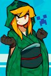  1girl black_gloves blush closed_mouth commission creeper d-floe eyebrows_visible_through_hair gloves green_kimono highres humanization japanese_clothes kimono long_sleeves looking_at_viewer medium_hair minecraft one_eye_closed orange_eyes orange_hair smile solo 