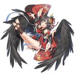  1girl :d ark_order armpits bangs bare_shoulders black_hair black_kimono black_legwear black_wings blush clothing_cutout douya_(233) fang feather_hair_ornament feathered_wings feathers hair_ornament hair_ribbon japanese_clothes kimono long_sleeves magatama magatama_necklace official_art open_mouth pointy_ears red_eyes red_ribbon ribbon shoulder_cutout skin_fang smile socks solo stirrup_legwear tachi-e thighhighs toeless_legwear transparent_background wide_sleeves wings yatagarasu_(ark_order) 