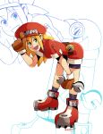  1girl :d absurdres bangs belt bike_shorts blonde_hair brown_gloves cabbie_hat cropped_jacket english_commentary eyebrows_visible_through_hair full_body gloves green_eyes hat highres holding holding_wrench jacket leaning_forward long_hair looking_at_viewer mega_man_(series) mega_man_legends open_mouth red_headwear roll_caskett_(mega_man) short_sleeves shorts smile solo thegreyzen wrench 