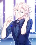  1boy bishounen blue_eyes blue_shirt blue_vest closed_mouth corsage earrings fate/grand_order fate_(series) formal hair_between_eyes head_tilt jewelry karna_(fate) karna_(gateau_au_chocolat)_(fate) looking_at_viewer male_focus messy_hair neudot_(lunaxfiore) pale_skin shirt solo upper_body vest white_hair 