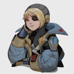  1girl :3 apex_legends bangs black_bodysuit black_eyepatch black_headwear blonde_hair blue_jacket bodysuit brown_gloves deep_current_wattson eyepatch gloves jacket looking_at_viewer namjak official_alternate_costume orange_eyes smile solo upper_body wattson_(apex_legends) white_background 