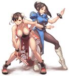  2girls artist_request bangs boots bracelet breasts brown_legwear bun_cover china_dress chinese_clothes chun-li cleavage closed_mouth collarbone commentary cross-laced_footwear double_bun dress fatal_fury fighting_stance floral_print full_body gold_trim hand_fan hand_on_hip highres holding japanese_clothes jewelry knee_boots lace-up_boots large_breasts lips long_hair looking_at_viewer makeup multiple_girls ninja pantyhose pelvic_curtain ponytail puffy_short_sleeves puffy_sleeves revealing_clothes shadow shiny shiny_clothes shiny_hair shiranui_mai short_sleeves simple_background sleeveless smile spiked_bracelet spikes street_fighter street_fighter_ii_(series) the_king_of_fighters thighs tied_hair white_background white_footwear 