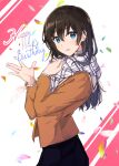  1girl adjusting_scarf black_hair blue_eyes commentary_request from_side gradient_text happy_birthday looking_at_viewer looking_to_the_side miyazakit multicolored_text nanami_touko open_mouth plaid plaid_scarf scarf school_uniform smile solo waving yagate_kimi_ni_naru 