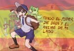  1boy backpack bag blue_headwear blue_necktie blue_shorts brown_eyes collared_shirt commentary dalas dragonite fire grey_shirt hair_behind_ear holding holding_poke_ball i_have_the_power_of_god_and_anime_on_my_side male_protagonist_(pokemon_sv) meme necktie parody poke_ball poke_ball_(basic) pokemon pokemon_(creature) pokemon_(game) pokemon_sv school_uniform shirt shorts spanish_commentary spanish_flag spanish_text sprigatito translated v-shaped_eyebrows 
