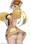  1girl ashiomi_masato ass bangs black_panties blonde_hair blue_eyes blush breasts butt_crack cheerleader clothes_lift english_text fur_hat grey_background guilty_gear guilty_gear_strive hair_between_eyes hat highres large_breasts looking_at_viewer looking_back millia_rage open_mouth panties parted_lips pom_pom_(cheerleading) ponytail simple_background skirt skirt_lift solo tied_hair twitter_username underwear ushanka 