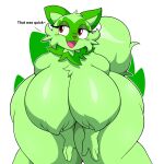  anthro big_breasts breasts dialogue english_text female fur green_body green_fur hi_res huge_breasts nintendo nude omegabrawl open_mouth pok&eacute;mon pok&eacute;mon_(species) simple_background solo sprigatito text video_games white_background 