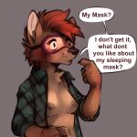  2022 anthro breasts brown_body brown_fur canid chest_tuft clothed clothing conditional_dnp dialogue digital_media_(artwork) elijah-draws english_text female fur hi_res light lighting mammal nipples open_clothing open_shirt open_topwear shaded shirt solo speech_bubble text topwear tuft 