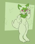  absurdres animal_ears animal_hands cat_ears cat_girl cigarette furry green_fur highres no_humans non-web_source open_mouth pokemon pokemon_(game) pokemon_sv simple_background sprigatito standing tail thick_thighs thighs 