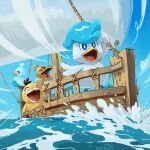  beak blue_sky boat ducklett farfetch&#039;d highres leek no_humans open_mouth pokemon pokemon_(creature) psyduck quaxly sail serena_dal_maso sky smile v-shaped_eyebrows water watercraft 