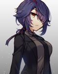  1girl alternate_costume black_suit breasts brown_eyes closed_mouth expressionless eyebrows_visible_through_hair eyepatch gradient gradient_background grey_background hair_over_one_eye kantai_collection kotobuki_(momoko_factory) large_breasts long_sleeves looking_away purple_hair short_hair simple_background sketch solo tenryuu_(kancolle) twitter_username upper_body 