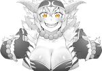  absurdres bead_necklace beads breasts cleavage fangs gloves greyscale grin hair_between_eyes hairband hands_up highres horns jewelry large_breasts looking_at_viewer medium_hair monochrome monster_hunter_(character) monster_hunter_(series) necklace niwarhythm orange_eyes rajang_(armor) smile spot_color teeth thumbs_up upper_body vest 