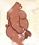  2022 anthro balls bathing belly brown_body genitals humanoid_genitalia humanoid_hands humanoid_penis male mammal milkvislon moobs nipples overweight overweight_male penis solo ursid wet 