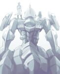  1boy 1girl absurdres adeltrud_walter archid_walter brother_and_sister centauroid from_behind greyscale highres ishiyumi jacket knight&#039;s_&amp;_magic long_hair mecha monochrome on_mecha on_shoulder siblings standing taur twins tzendolg white_background 