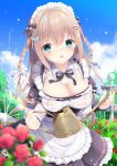  1girl :o absurdres apron aqua_eyes bangs blue_sky blush braid breast_press breasts brown_hair butterfly_hair_ornament cleavage detached_collar eyebrows_visible_through_hair flower fountain garden hair_between_eyes hair_ornament hair_ribbon hairclip highres holding holding_watering_can large_breasts long_hair looking_at_viewer maid maid_apron maid_headdress moe2022 original outdoors red_flower red_rose ribbon rose see-through sky twin_braids watering_can wet wet_clothes white_ribbon yukimura_usagi 