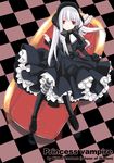  albino black_dress bonnet boots bow checkered checkered_background cross-laced_footwear dress frills from_above gothic kirino_kasumu lace-up_boots long_hair long_sleeves nail_polish original pantyhose pink_nails red_eyes sitting solo striped striped_legwear very_long_hair white_hair 