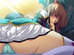  1girl aqua_panties bachou blush censored fellatio game_cg koihime_musou oral panties penis purple_eyes skirt underwear upskirt yatsuha_kanan 