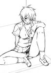  blush breasts censored character_request cleavage copyright_request drain monochrome pubic_hair shirt short_hair sitting sketch skirt upskirt 