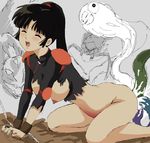  1girl all_fours anal areolae ass bdsm birth bondage bound breasts chains creature_inside demon eyes_closed female functionally_nude ghost highres inflation inuyasha kneeling makeup nipples pregnant sango sex solo_focus tears tentacle torn_clothes tsukiyo_no_ribbon vaginal 