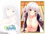  albino black_panties breasts choco_chip hanging_breasts kagami_tsukimi large_breasts licking_lips naughty_face nipples open_clothes open_shirt panties red_eyes sara_sara_sasara shirt tattoo tongue tongue_out underwear wallpaper white_hair 