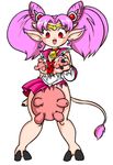  bishoujo_senshi_sailor_moon chibi_usa cow cow_bell hooves horns p.chronos pink_hair pointed_ears red_eyes sailor_moon serafuku tail torn_clothes transformation twintails udder udders 