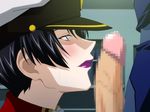  black_hair blush censored gundam gundam_seed hat lipstick lost_rarities makeup military military_uniform natarle_badgiruel penis penis_awe purple_eyes short_hair smile soul_foundation sweat takapiko uniform 