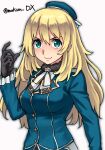  1girl atago_(kancolle) beret black_gloves blonde_hair blue_eyes blue_headwear blue_jacket breasts closed_mouth commentary_request cowboy_shot gloves hat highres jacket kantai_collection large_breasts light_smile long_hair long_sleeves looking_at_viewer maakun_(makun_dx) medium_breasts military military_uniform one-hour_drawing_challenge ribbon simple_background solo twitter_username uniform upper_body white_background white_ribbon 